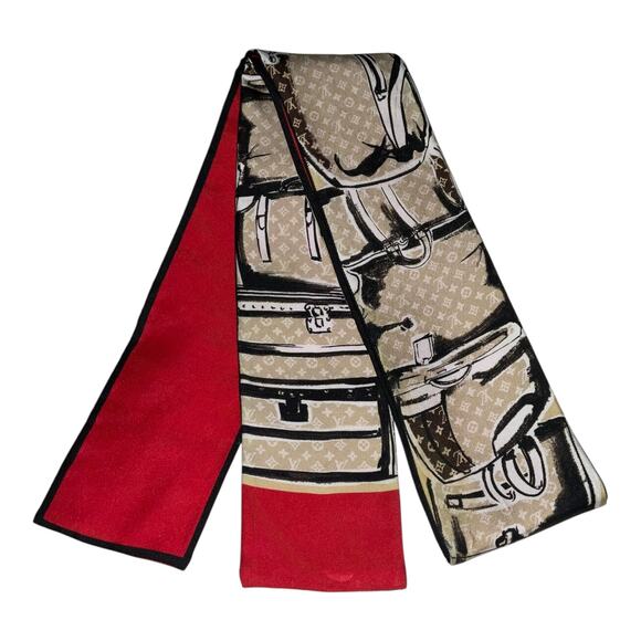 Louis Vuitton Bandeau Tribute Two Red Beige Silk Scarf W/Box - Picture 3 of 11